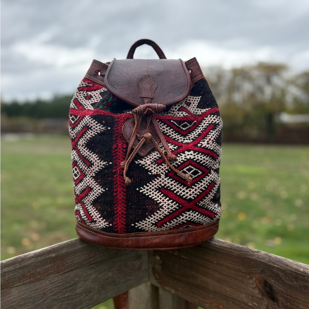 Vintage Kilim & Leather Backpack | Boho Tribal Woven Bag | Southwestern Purse - Picture 2 of 10